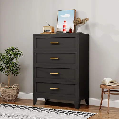 Cómoda de metal de 43.11 pulgadas de alto para dormitorio, cómoda negra de 4 cajones con asas doradas, cómoda de armario con panel estriado, armario