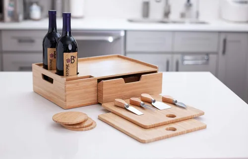 Miniatura 6 de Mobilevision Bandeja de bambú para servir vino y queso con cajón para almacenamiento adicional, incluye posavasos, cuchillos de queso, tablas