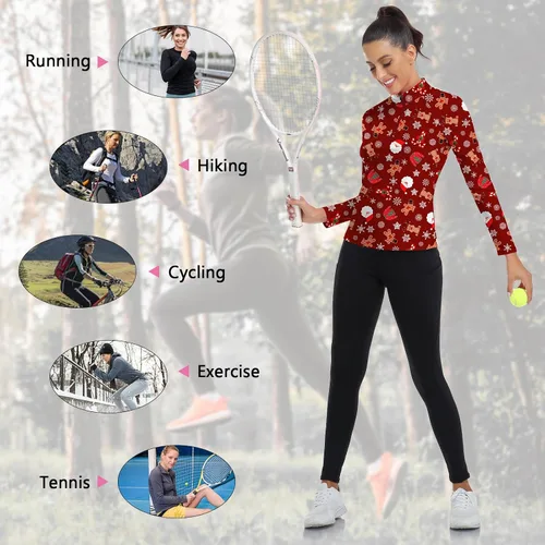 Miniatura 179 de WOWENY Camiseta deportiva de manga larga para mujer, con cremallera de un cuarto, cuello para entrenamiento, camiseta de tenis con estampado