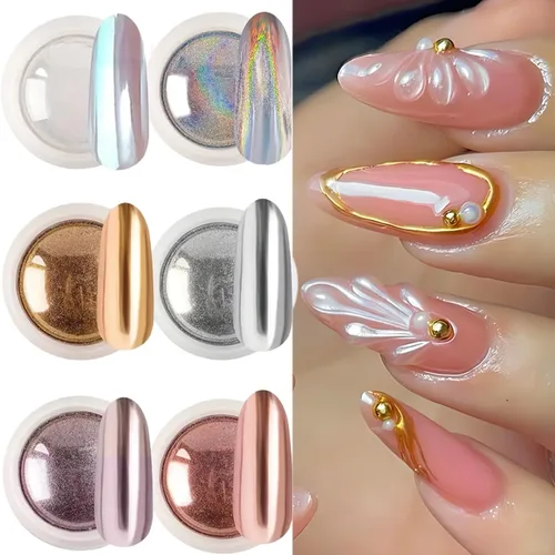 Miniatura 7 de Juego de polvos de uñas cromados, 6 colores metálicos dorados, plateados, rosas, rosas, blancos, espejos, polvos de uñas, pigmento holográfico