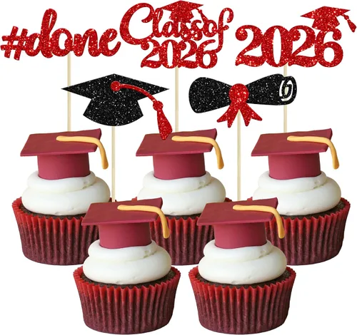 Miniatura 17 de Gyufise 24 piezas Adornos para pastel de graduación 2026 con purpurina negra, clase de 2026, adornos para magdalenas con gorra de graduación