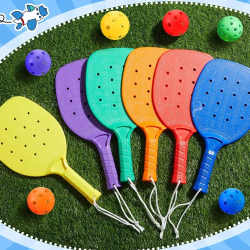 Miniatura 6 de Lunmon Raqueta de paddle leball de plástico con bolas Equipo de PE para escuela primaria 15.2 x 7.5 pulgadas Raqueta de bola de paleta con cordón
