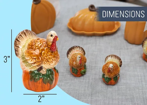 Miniatura 2 de Nat & Jules Pavo atop a Pumpkin - Salero y pimentero de cerámica de 3 x 2 pulgadas, perfecto para Acción de Gracias y decoración de otoño
