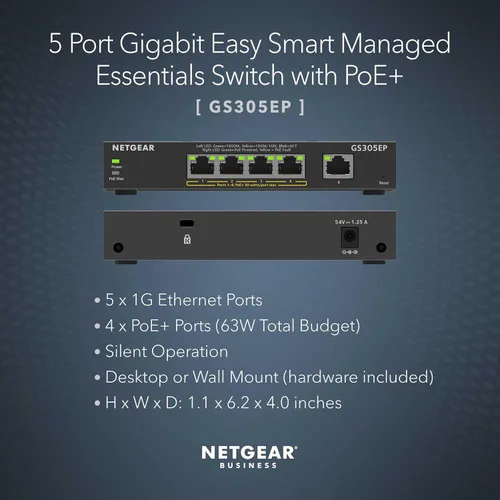 Miniatura 2 de NETGEAR Switch PoE Gigabit Ethernet Easy Smart Managed Essentials de 5 puertos (GS305EP) - con 4 x PoE+ @ 63W, para montaje en escritorio o en pared