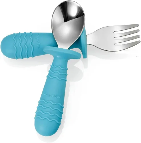 Miniatura 7 de PandaEar Juego de 4 utensilios de silicona de acero inoxidable para bebés y niños pequeños, cubiertos y tenedores para bebés sin BPA con sujeción