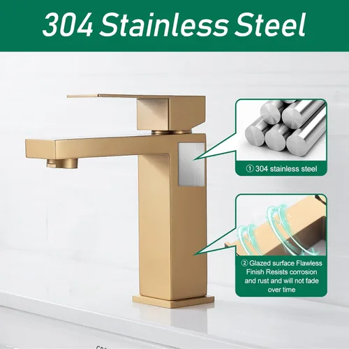 Miniatura 3 de VOTON Grifo de baño de oro cepillado, moderno grifo de baño de 1 agujero, grifo de lavabo de baño de una sola manija, oro cepillado con placa