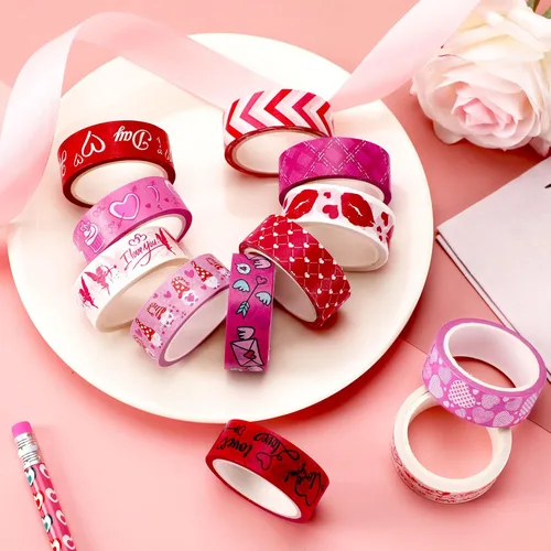 Miniatura 4 de SANNIX 12 rollos de cinta Washi para el día de San Valentín 15mm rojo y rosa cinta adhesiva de amor para San Valentín, cintas de carrocería