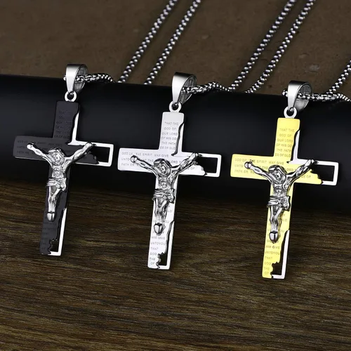 Miniatura 4 de YL Collar de cruz de acero inoxidable con colgante de crucifijo para hombre cadena Rolo de Jesucristo joyería de oración del Señor