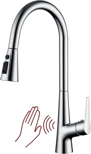 sumerain Canilla de cocina sin contacto con rociador abatible, grifo de fregadero de cocina manos libres con sensor de movimiento de una sola Cromo