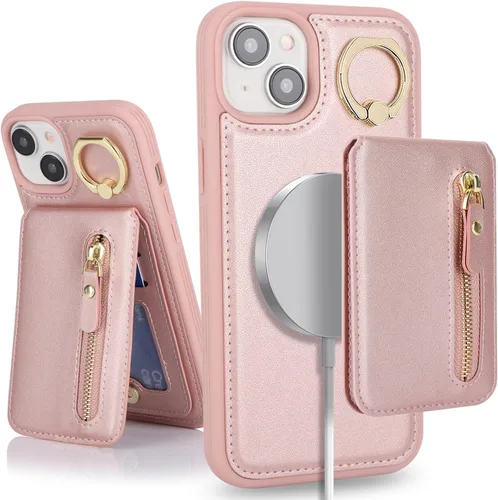 Miniatura 25 de para iPhone 14 Funda con soporte magnético Magsafe compatible, llavero de cuero PU plegable con soporte desmontable, funda tipo cartera 2-en-1