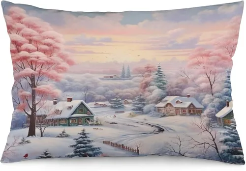 Miniatura 36 de Funda de almohada con escena de pueblo navideño con niños, fundas de almohada de 12 x 20 pulgadas, almohadas decorativas de Navidad para sofá, funda