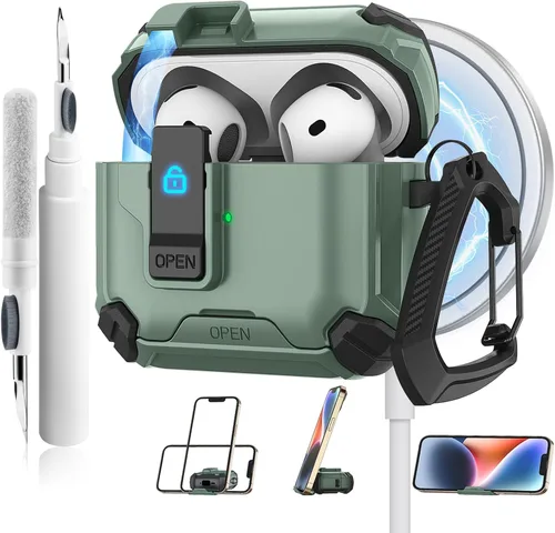 Miniatura 14 de Meliya Funda para AirPods 4, viene con soporte para teléfono y función MagSafe, funda rígida de protección completa automática emergente con bloqueo