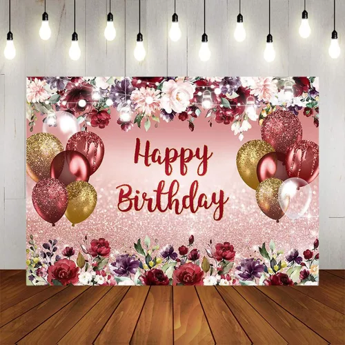 Miniatura 5 de Mocsicka Telón de fondo floral de feliz cumpleaños, flores burdeos, oro rosa, fondo de fotos con purpurina, vinilo para niñas y mujeres, decoración