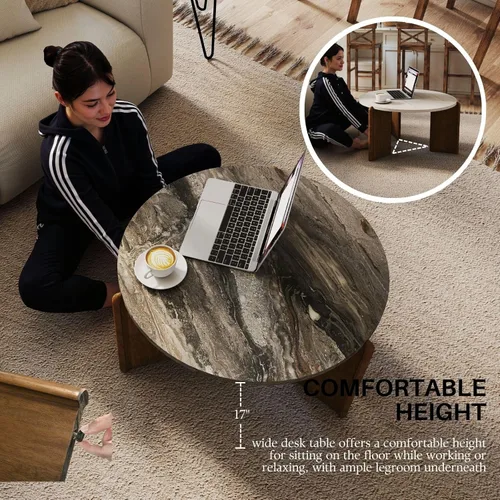 Miniatura 5 de Travertine Texture - Mesa de centro de 31.5 pulgadas moderna de mármol sintético, mesa central de círculo bajo para sala de estar, mesa redonda