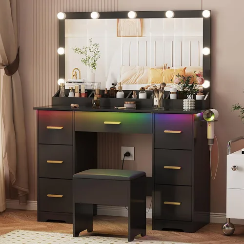 Miniatura 14 de Escritorio de tocador de 44 pulgadas con espejo grande de 38 pulgadas y 9 luces LED y parte superior de cristal y toma de corriente, juego