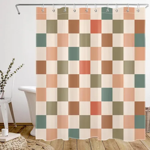 Cortina de ducha con diseño de tablero de ajedrez retro, estilo bohemio y colorido a cuadros en beige, cortina de baño con 10 ganchos, decoración