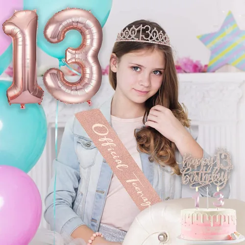 Miniatura 2 de Decoraciones de cumpleaños de 13 años para niñas, que incluyen adornos para pastel de cumpleaños de 13 años, banda de reina con alfiler de perla