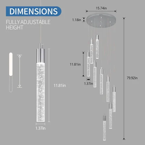 Miniatura 5 de Lámpara colgante de cristal cromado, 9 luces, regulable, 54 W, 6000 K, escalera, grande, vestíbulo, sala de estar, vestíbulo, techo alto