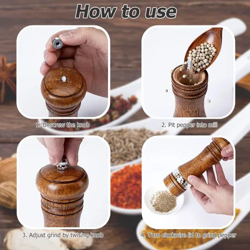 Miniatura 8 de Juego de 4 molinillo de sal y pimienta de madera de 7 pulgadas, molinillo de pimienta manual recargable con núcleos de molienda de cerámica, grosor