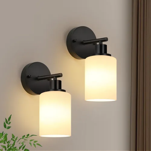 Juego de 2 apliques de pared para baño, luces modernas negras con pantallas de vidrio esmerilado blanco lechoso, lámpara de pared de baño, para