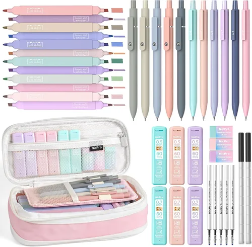 Miniatura 11 de Nicpro Juego de 50 artículos escolares con estuche para lápices, 6 bolígrafos de gel y recargas, 12 resaltadores, 6 lápices mecánicos artísticos, 12