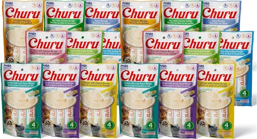 INABA Churu - Golosinas para gatos, puré cremoso exprimible sin granos, para lamer y exprimir, con vitamina E y taurina, 0.5 onzas cada tubo, 72