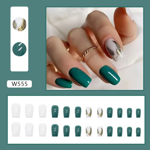 Miniatura 4 de 24 uñas postizas cuadradas medianas a presión, uñas postizas acrílicas artificiales con diseños de plumas doradas, cobertura completa