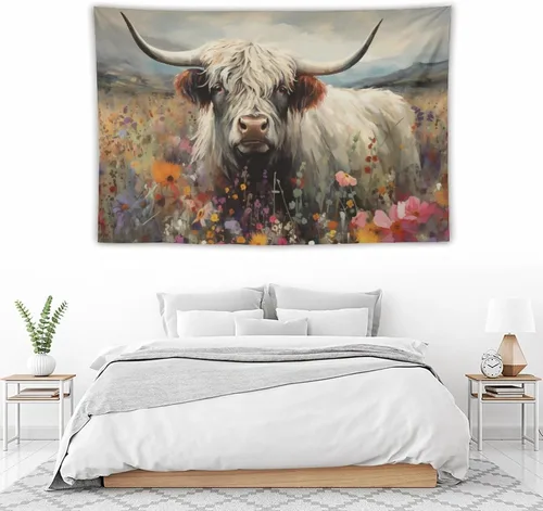 Miniatura 5 de FeoYoed Tapiz de vaca de las montañas para colgar en la pared, estético, lindo y divertido animal, decoración floral, dormitorio, sala de estar