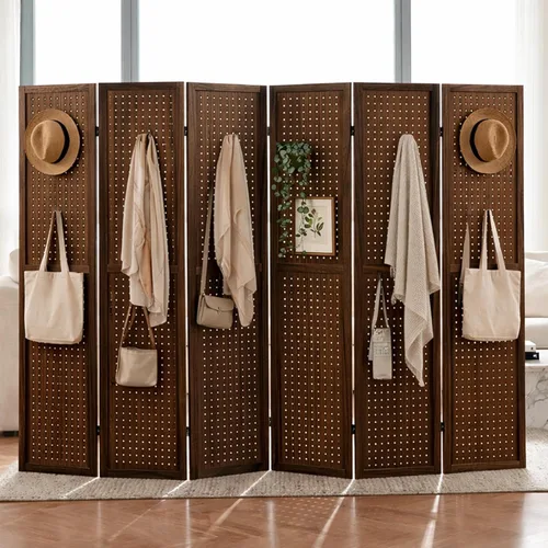 Miniatura 12 de Divisor de habitación de tablero de clavijas de 4 paneles, pantalla de privacidad plegable de 5.6 pies, organizador de madera independiente