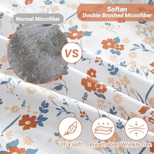Miniatura 3 de Softan Sábanas de flores naranjas para cama de tamaño King, sábanas estampadas con estampado floral – Sábanas bajeras de microfibra suave