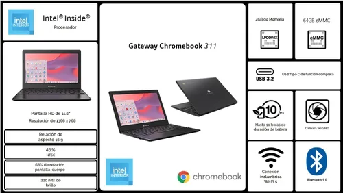 Miniatura 6 de acer Gateway Chromebook 311 CBO311-1H-C1MX Laptop Intel Celeron N4500 Pantalla HD de 11.6 pulgadas (1366 x 768) 4GB LPDDR4X 64GB eMMC