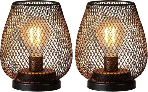 Juego de 2 faroles de mesa LED con pilas, lámparas inalámbricas de jaula de metal marrón con bombilla LED, linterna decorativa vintage para