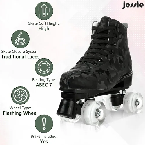 Miniatura 5 de jessie Patines de ruedas para exteriores para mujeres y adultos, con ruedas iluminadas, patines quad negros para hombres, jóvenes, niños y niñas