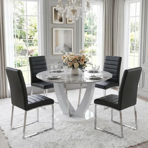 Miniatura 40 de Juego de mesa de comedor redonda para 4, mesa moderna de 48" con tapa de mármol sintético falso y pedestal brillante negro, juego de mesa de cocina
