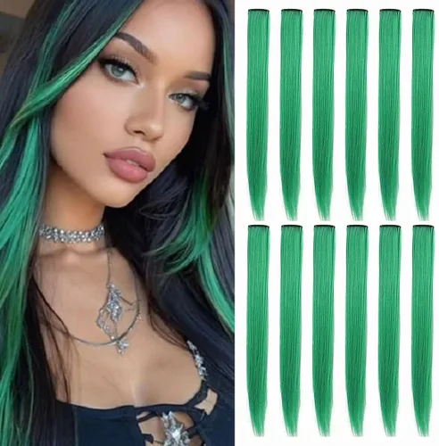 Miniatura 13 de 12 extensiones de cabello de colores rectas de 20 pulgadas, extensiones de cabello sintético con clip, color arcoíris, con reflejos, para fiesta