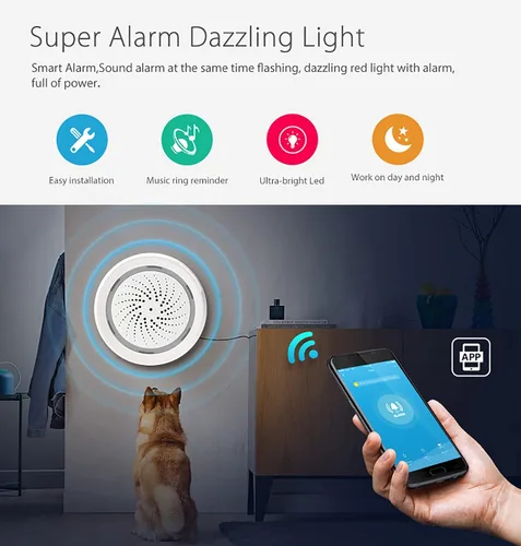 Miniatura 2 de Alarma inteligente de sirena Wi-Fi: alarma inalámbrica para seguridad del hogar, alarma antirrobo con alarma de sonido y luz, sonido de 100 dB