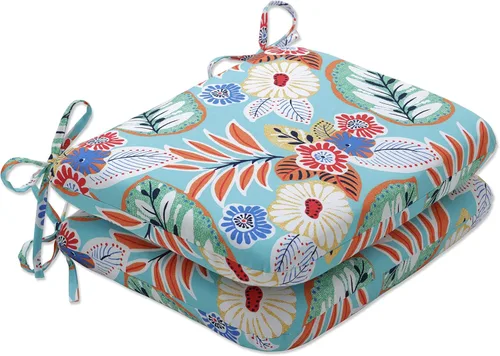 Pillow Perfect Cojín floral brillante para silla de interior/exterior con lazos, 2 unidades, 15.5 x 18.5 pulgadas, azul/naranja Marlow