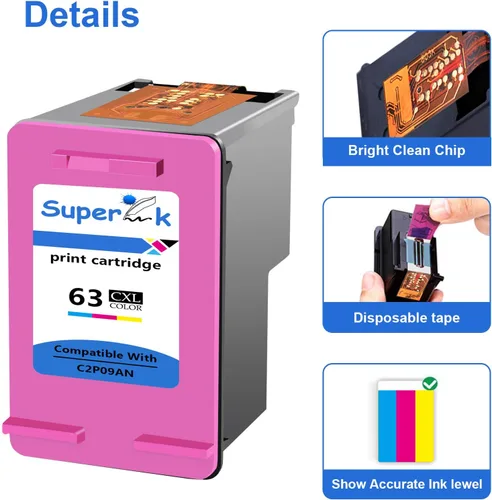 Miniatura 5 de SuperInk Cartucho de tinta remanufacturado compatible con HP F6U64A F6U63A 63 63XL 63 XL (tricolor negro, paquete de 2)