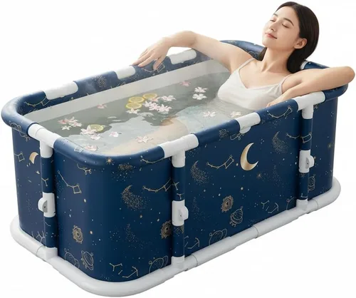 Simcat – Tina portátil plegable para niños y niñas, tina plegable para ducha, hidromasaje caliente y baño de hielo (Planeta Azul)
