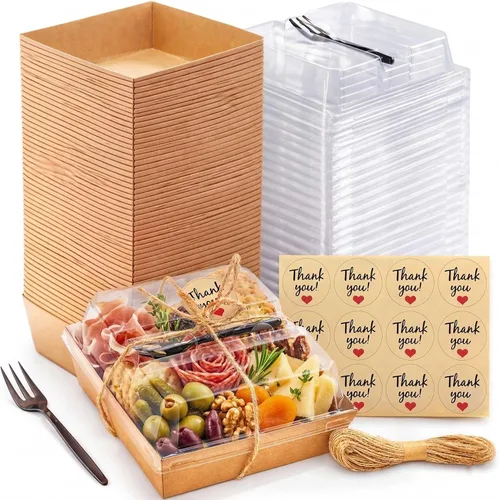 Leafiew Paquete de 50 Cajas de Charcutería Individuales Pequeñas con Tapas Transparentes y Tenedores - Mini Caja de Charcutería de Papel Para