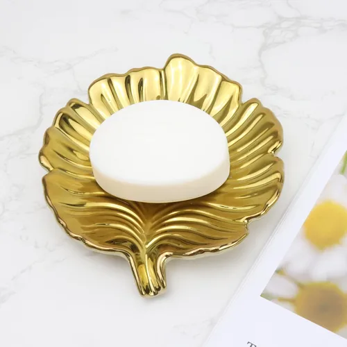 Miniatura 4 de Jabonera de baño de hoja dorada, soporte de cerámica en estilo hoja de palma, diseño autodrenante y se utiliza para sostener varios accesorios