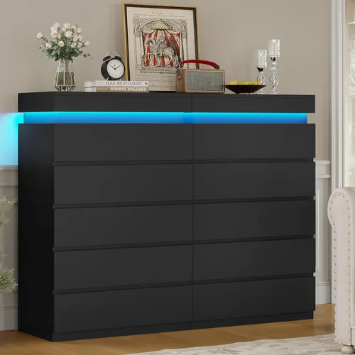 Miniatura 5 de HAUOMS Cómoda alta de 5 cajones con luz LED, cómoda moderna negra para dormitorio, cómodas de armario con cajones para sala de estar, entrada