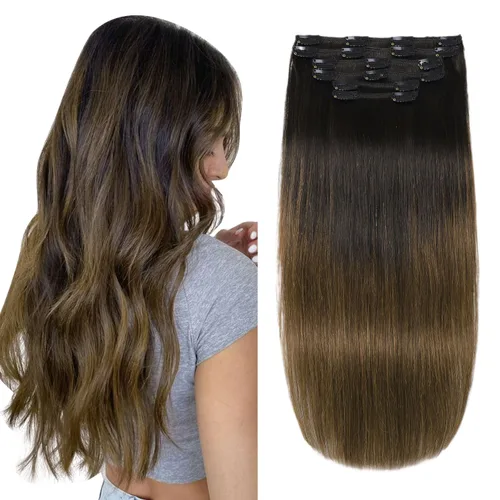 Miniatura 13 de XDhair Extensiones de cabello humano Remy con pinzas, color marrón medio #4, mezclado con rubio caramelo #27, 3.53 oz, 6