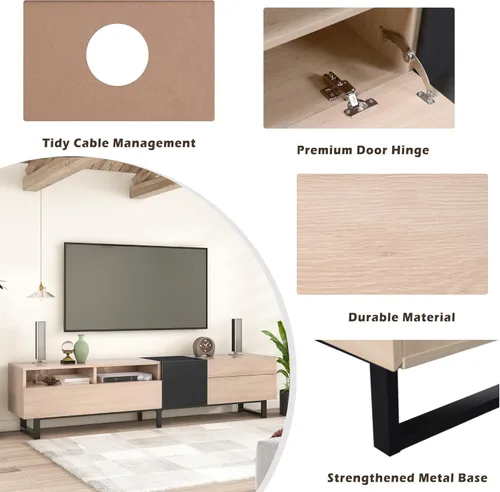 Miniatura 6 de Virubi Soporte de TV moderno con 3 gabinetes y estantes abiertos, centro de entretenimiento minimalista de madera para televisores de hasta 80