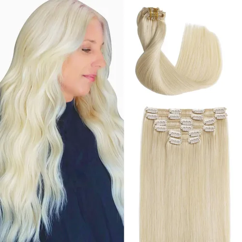 Miniatura 18 de Sindra Extensiones de cabello humano con clip, balayage #10/16/16 de color marrón dorado a rubio claro, extensiones de cabello humano Remy con clip