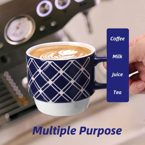 Miniatura 5 de Schliersee Juego de 6 tazas de café de cerámica apilables de 12 oz, taza pequeña con patrón geométrico floral, taza de café de porcelana azul