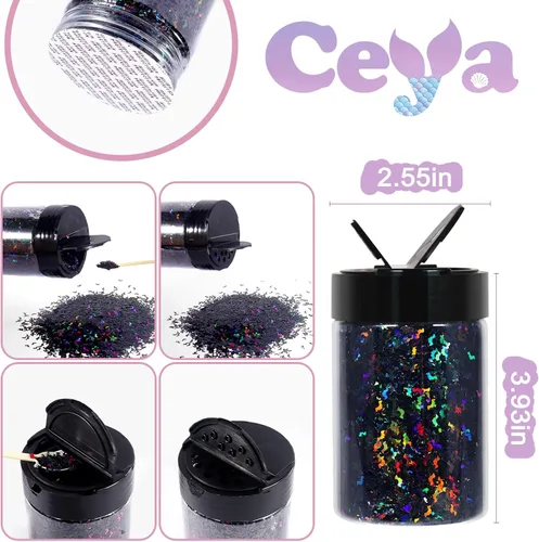 Miniatura 4 de Ceya Murciélago holográfico con purpurina de 0.197 in, 4.4 onzas / 4.41 oz láser negro con purpurina gruesa, escamas iridiscentes para uñas