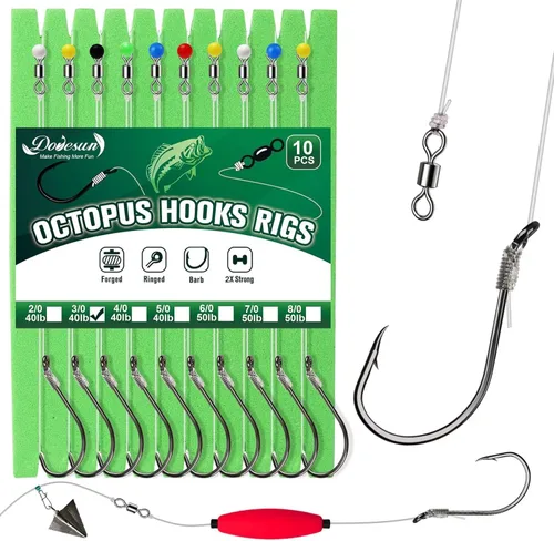 Miniatura 19 de Dovesun 10 piezas de anzuelos pre-ensartados para bagre, anzuelos circulares/de pulpo para bagre, anzuelos circulares offset para pesca de agua