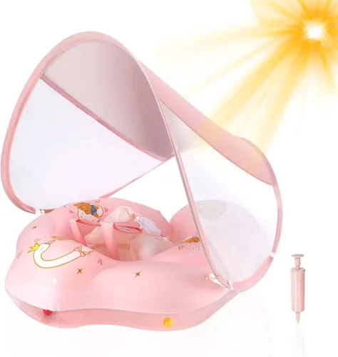 WYRIAZA Flotador para bebé con toldo, flotador de natación para piscina para bebés, flotadores para niños pequeños con protección solar UPF50+, Rosa