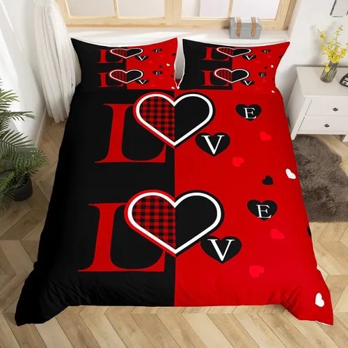 Juego de funda de edredón para parejas, tamaño individual, romántico, amor, señor, señor, señor, señor, mujer, rojo, negro, búfalo, corazón, para